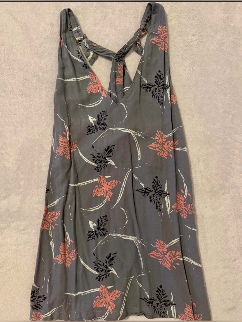 RVCA Gray Floral V-Neck Mini Dress with Coral Accents